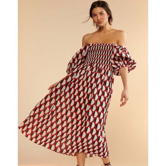Cynthia Rowley Caprice Midi Dress Off The Shoulder Puff Sleeve Smocked Geometric - Picture 4 of 15